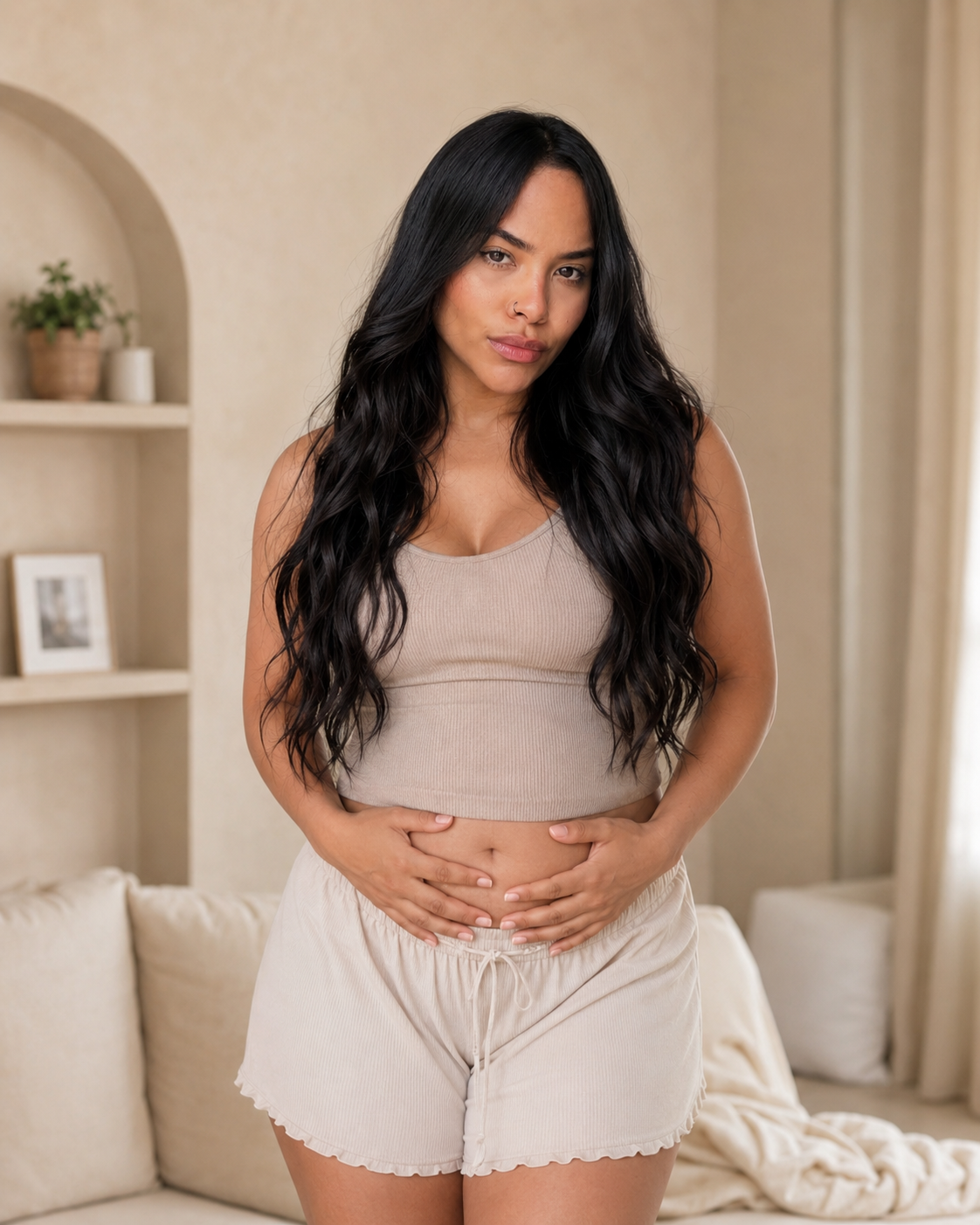 Mulher segurando a barriga com desconforto